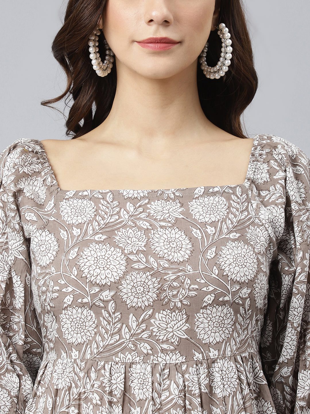 Janasya Women's Grey Cotton Floral Printed Flared Western Dress 