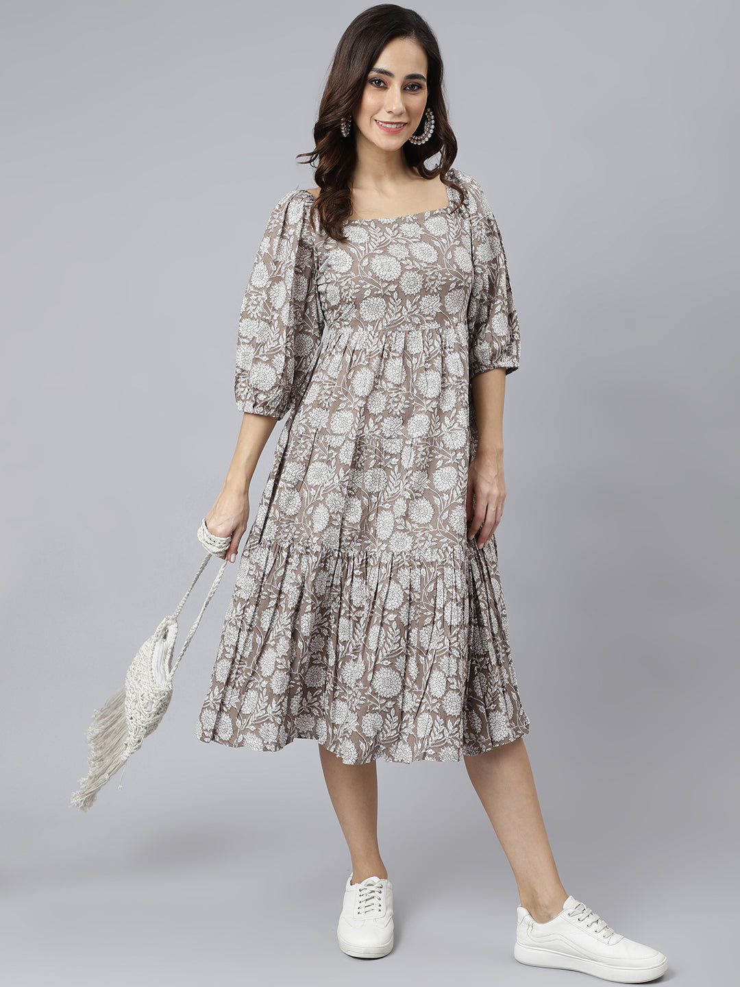 Janasya Women's Grey Cotton Floral Printed Flared Western Dress 