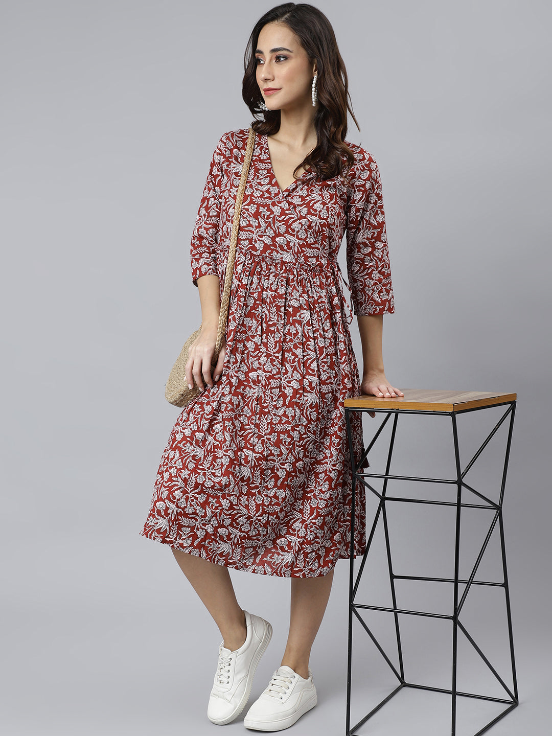 Janasya Women's Maroon Cotton Floral Printed Angrakha Western Dress 