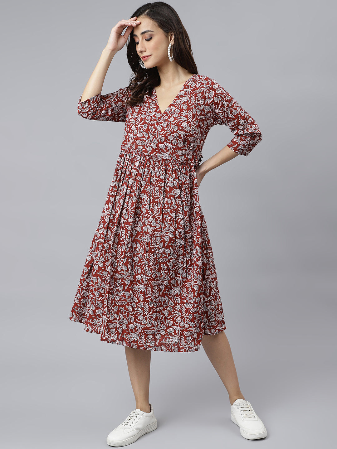 Janasya Women's Maroon Cotton Floral Printed Angrakha Western Dress 