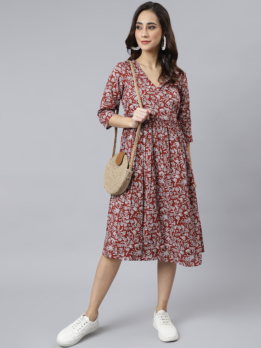Janasya Women's Maroon Cotton Floral Printed Angrakha Western Dress 