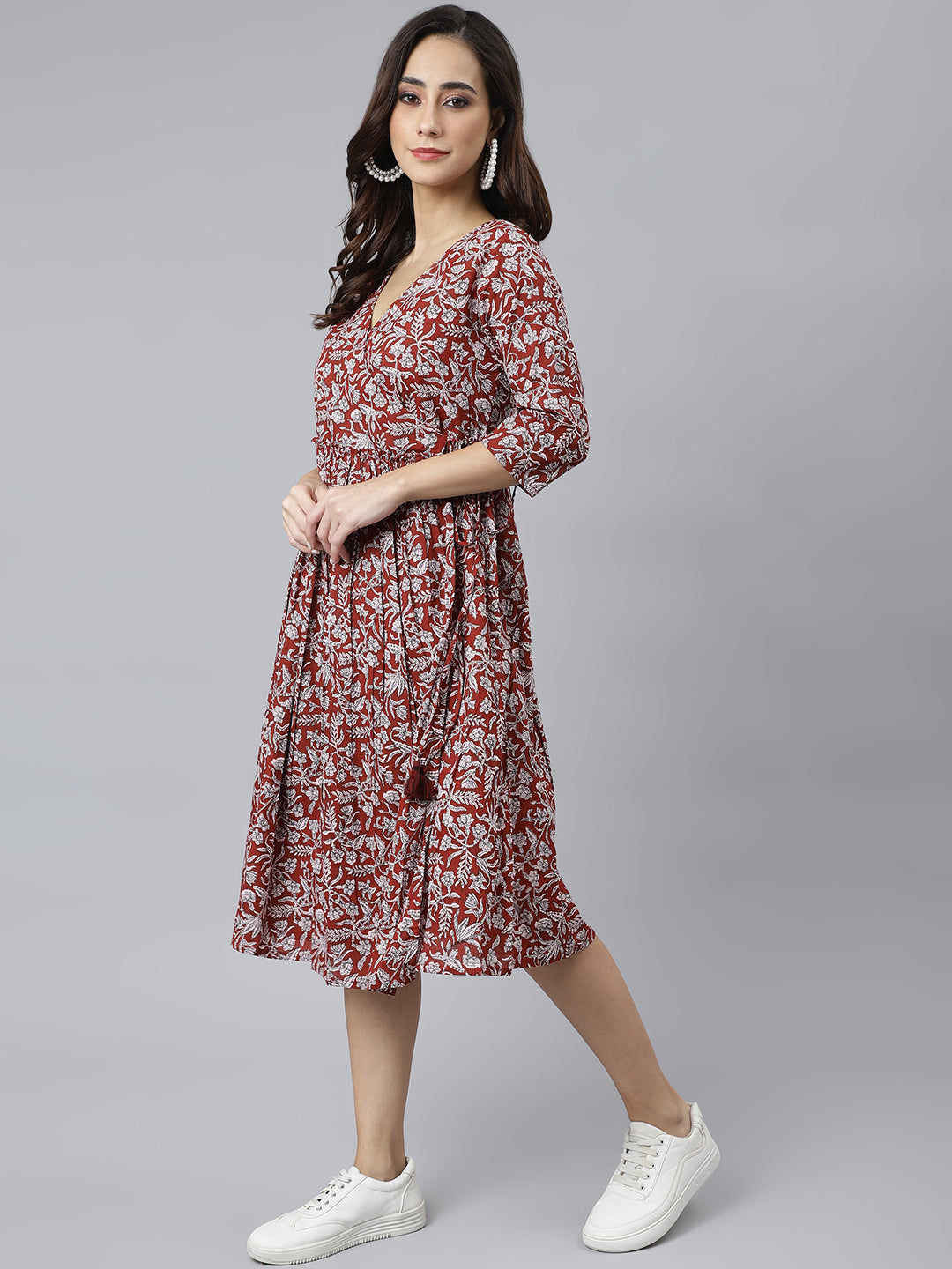 Janasya Women's Maroon Cotton Floral Printed Angrakha Western Dress 