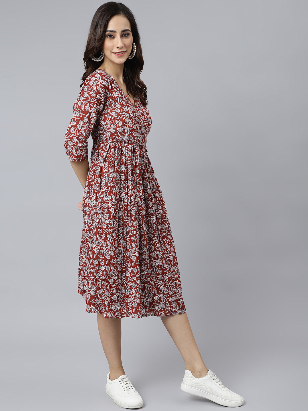 Janasya Women's Maroon Cotton Floral Printed Angrakha Western Dress 