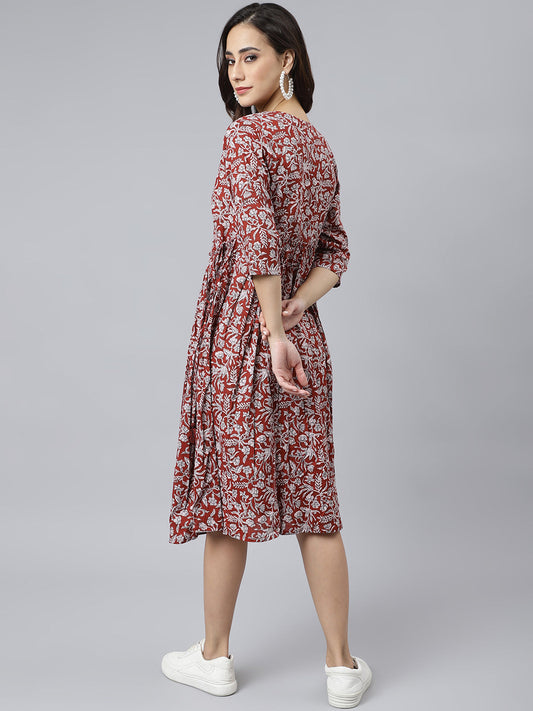 Janasya Women's Maroon Cotton Floral Printed Angrakha Western Dress 