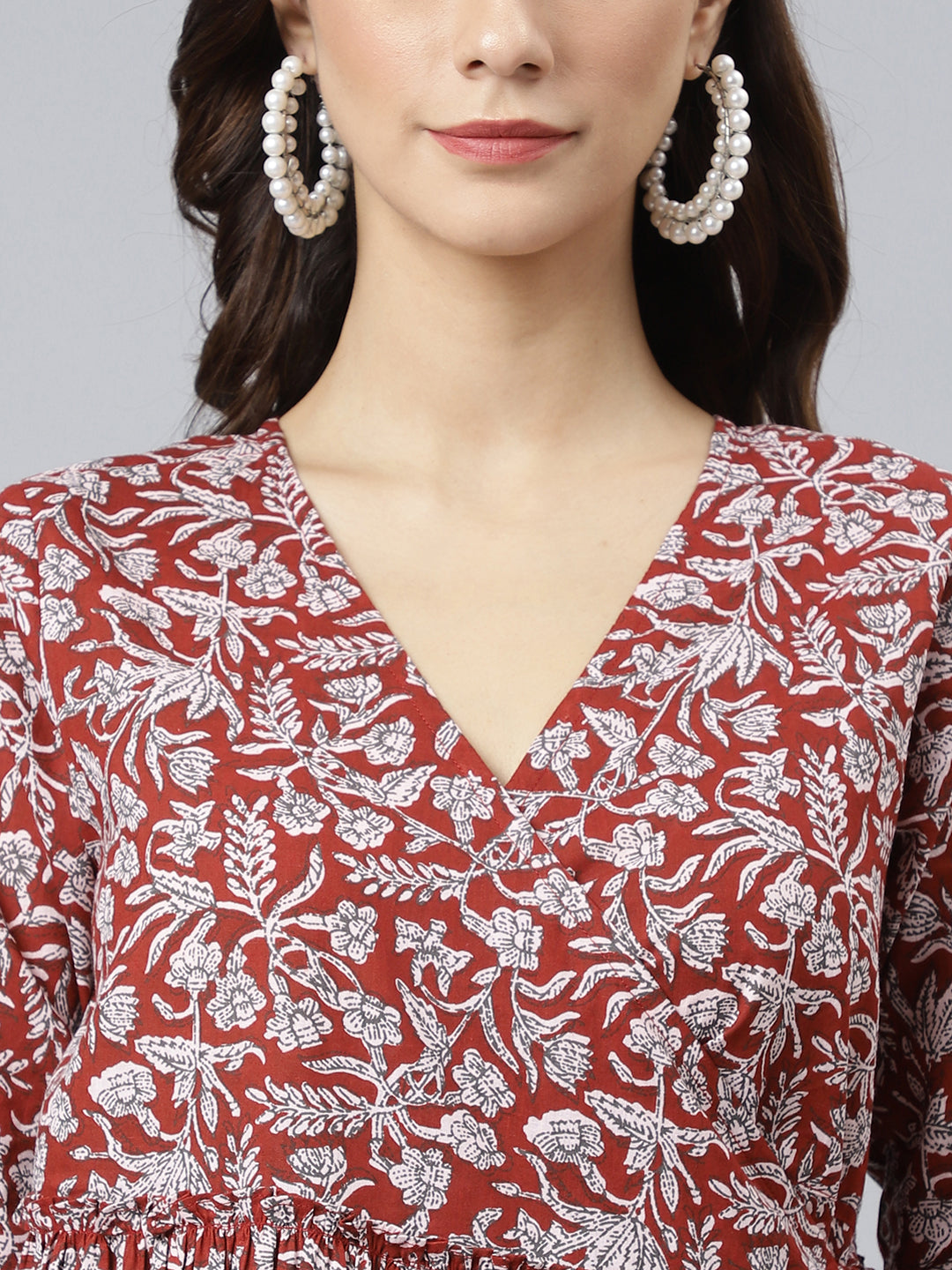 Janasya Women's Maroon Cotton Floral Printed Angrakha Western Dress 