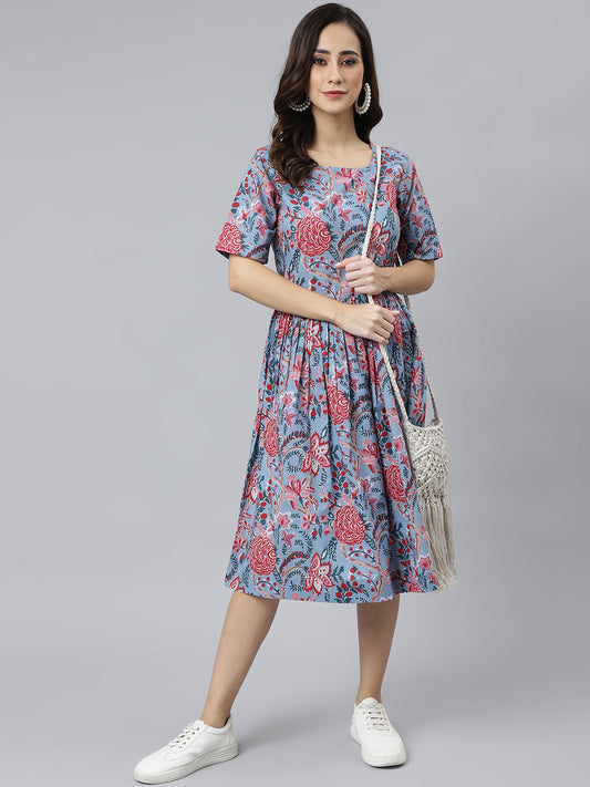 Janasya Women's Sky Blue Cotton Floral Printed Flared Western Dress 