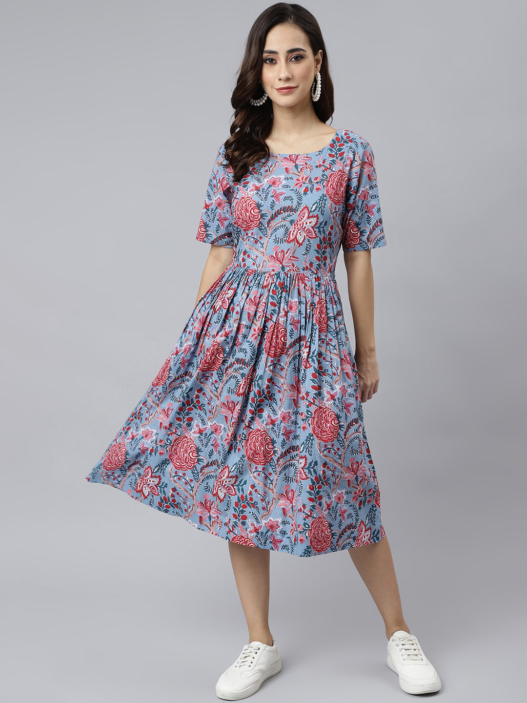 Janasya Women's Sky Blue Cotton Floral Printed Flared Western Dress 