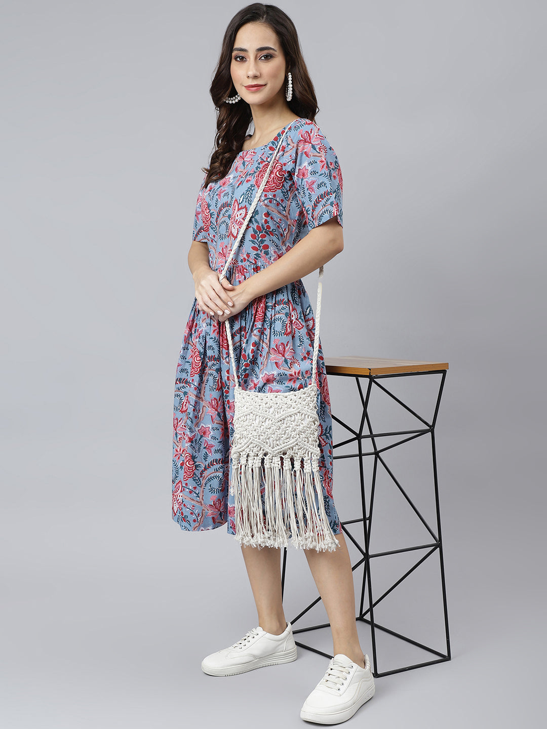 Janasya Women's Sky Blue Cotton Floral Printed Flared Western Dress 