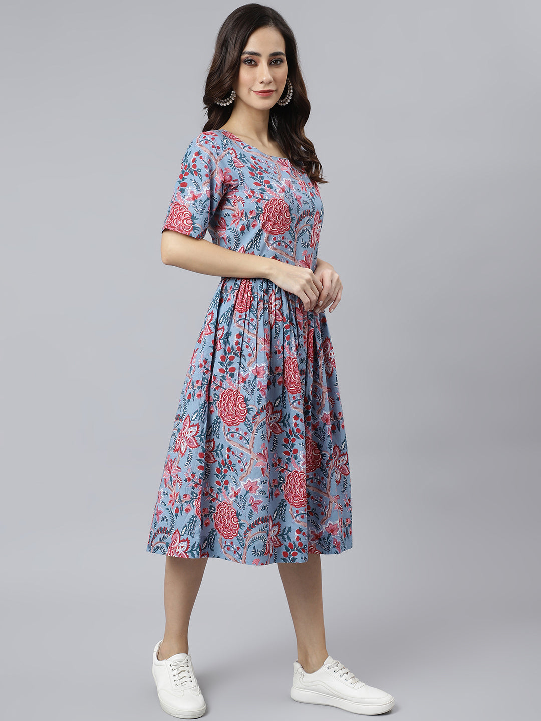 Janasya Women's Sky Blue Cotton Floral Printed Flared Western Dress 