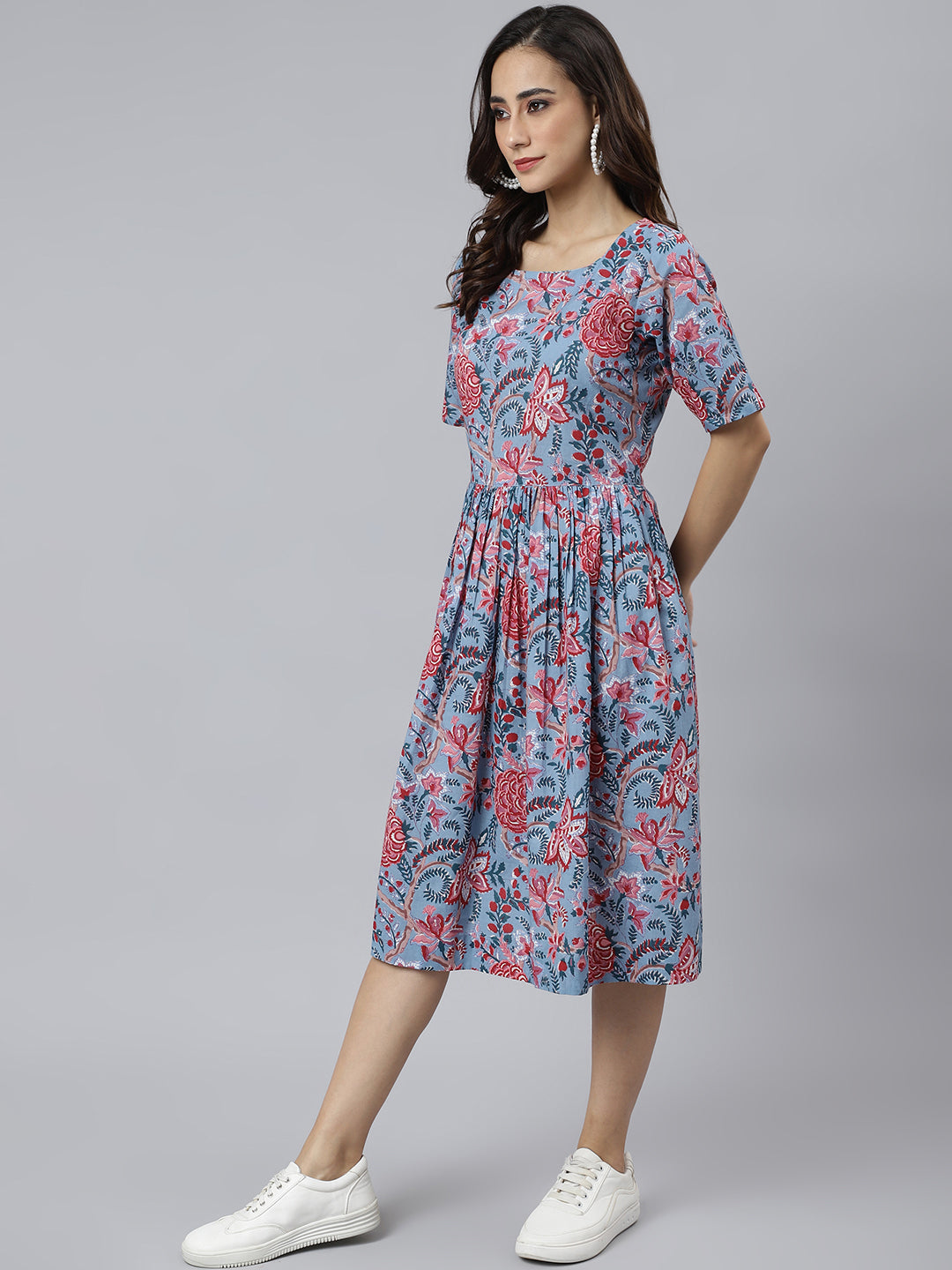 Janasya Women's Sky Blue Cotton Floral Printed Flared Western Dress 