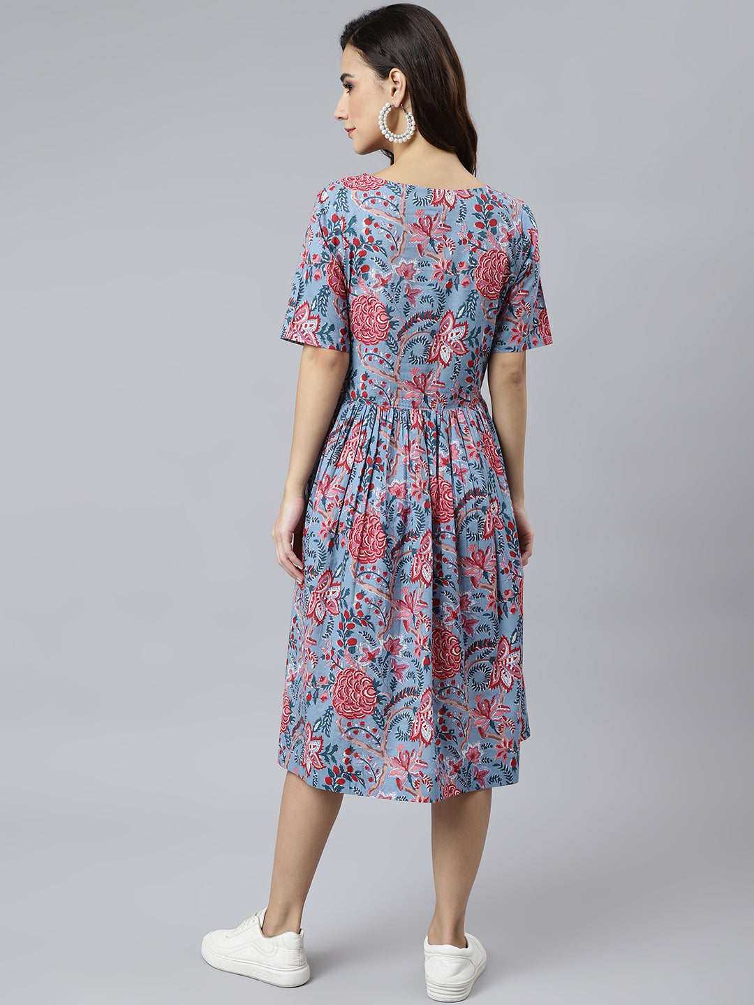 Janasya Women's Sky Blue Cotton Floral Printed Flared Western Dress 