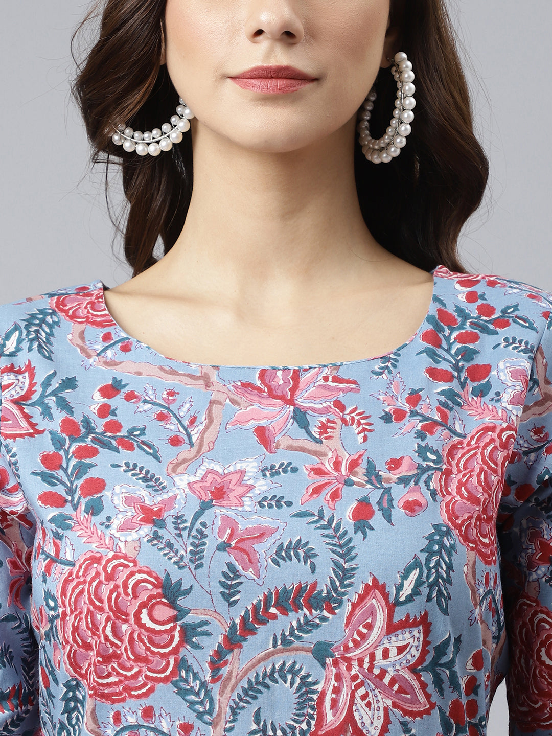 Janasya Women's Sky Blue Cotton Floral Printed Flared Western Dress 