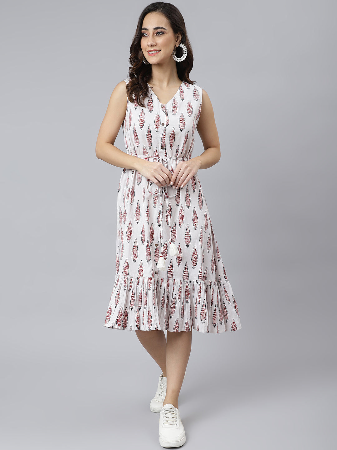 Janasya Women's White Cotton Ethnic Motifs Flared Western Dress 