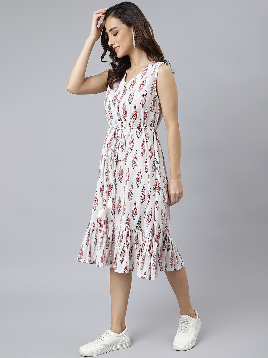 Janasya Women's White Cotton Ethnic Motifs Flared Western Dress 