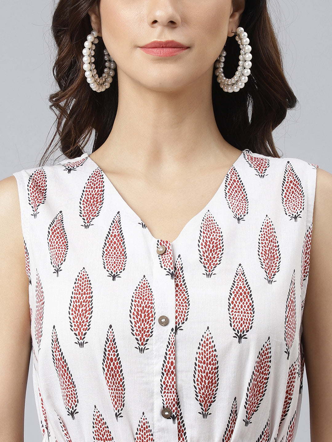 Janasya Women's White Cotton Ethnic Motifs Flared Western Dress 