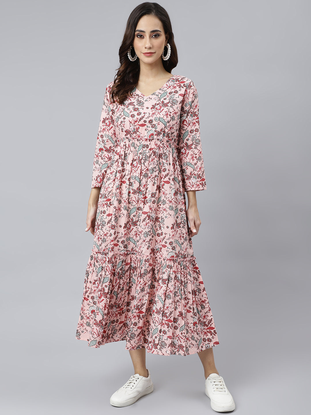 Janasya Women's Peach Cotton Floral Printed Casual Flared kurta 