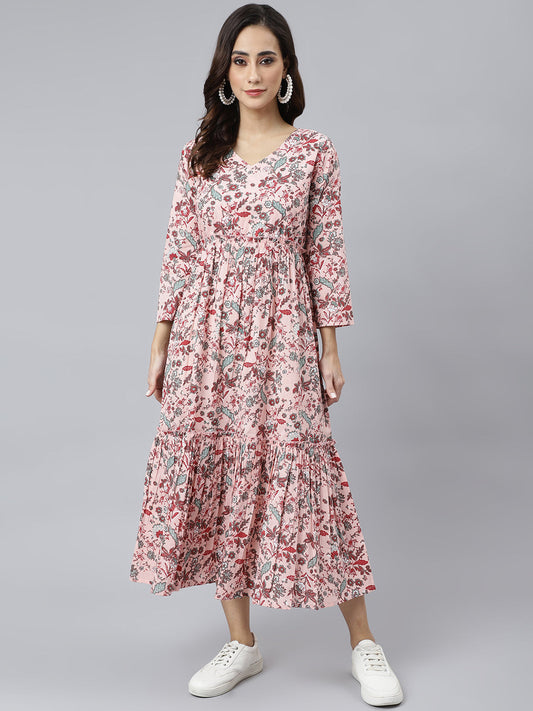Janasya Women's Peach Cotton Floral Printed Casual Flared kurta 