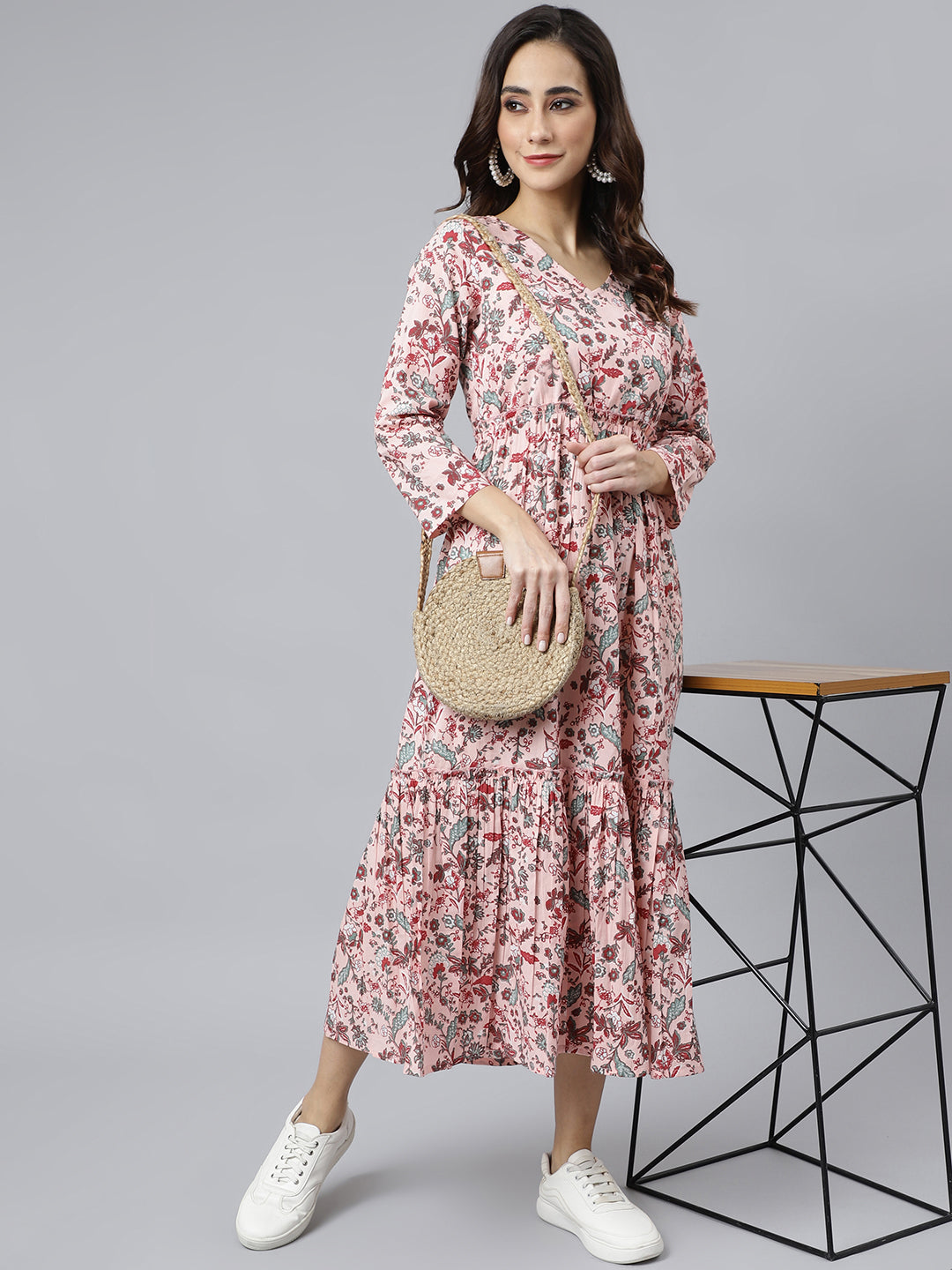 Janasya Women's Peach Cotton Floral Printed Casual Flared kurta 