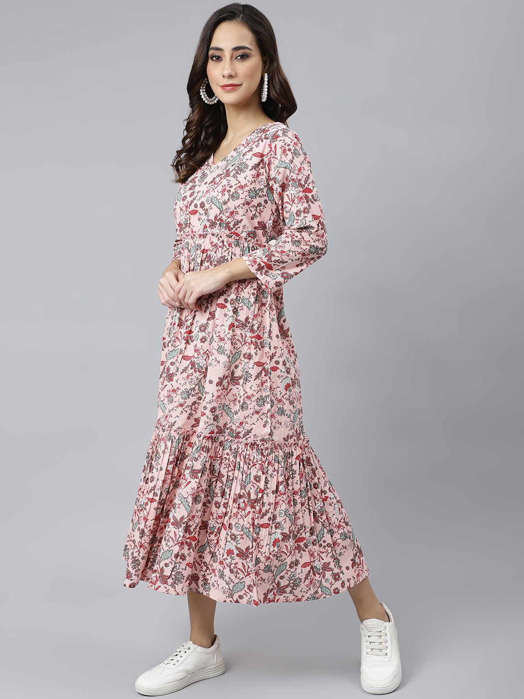 Janasya Women's Peach Cotton Floral Printed Casual Flared kurta 