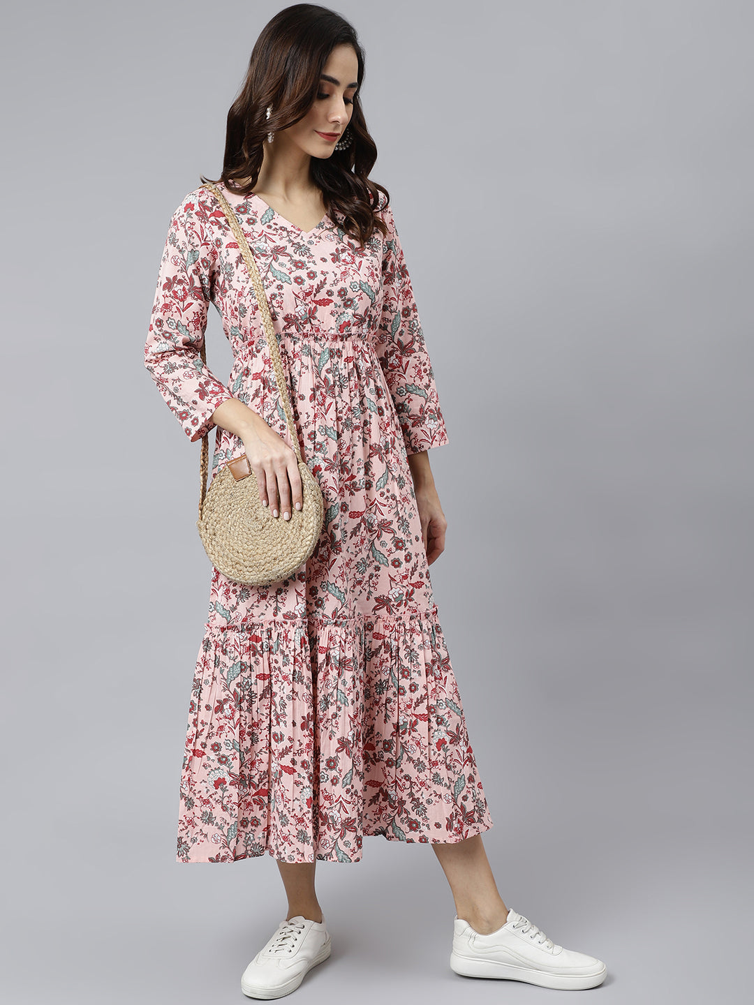 Janasya Women's Peach Cotton Floral Printed Casual Flared kurta 