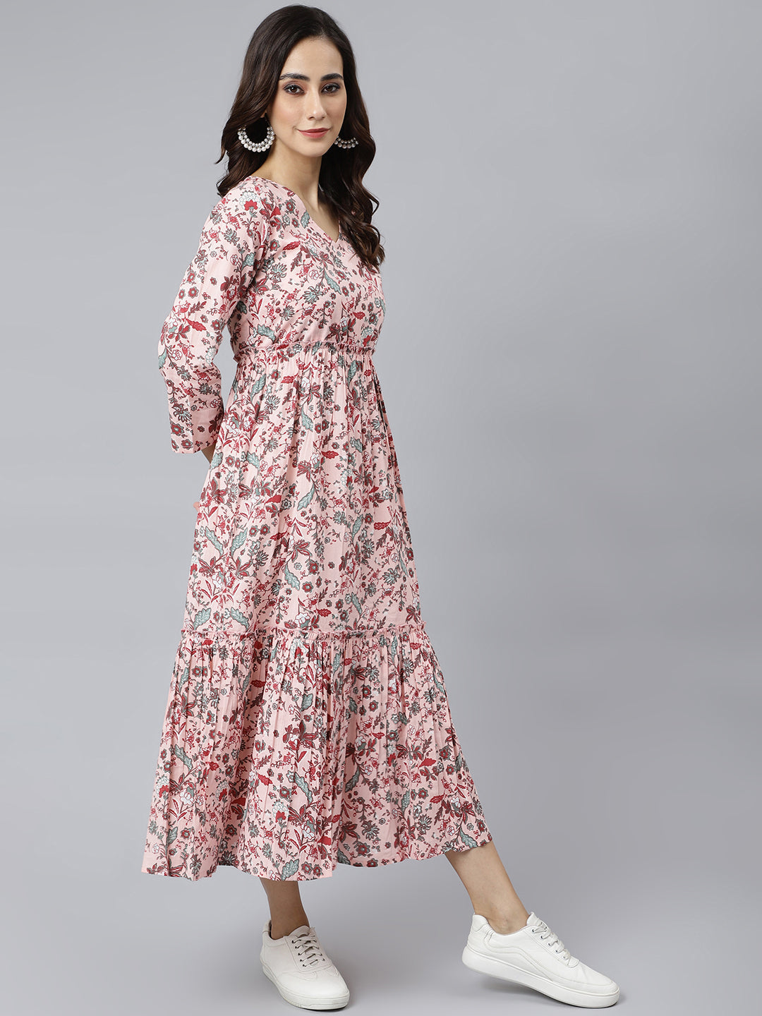 Janasya Women's Peach Cotton Floral Printed Casual Flared kurta 