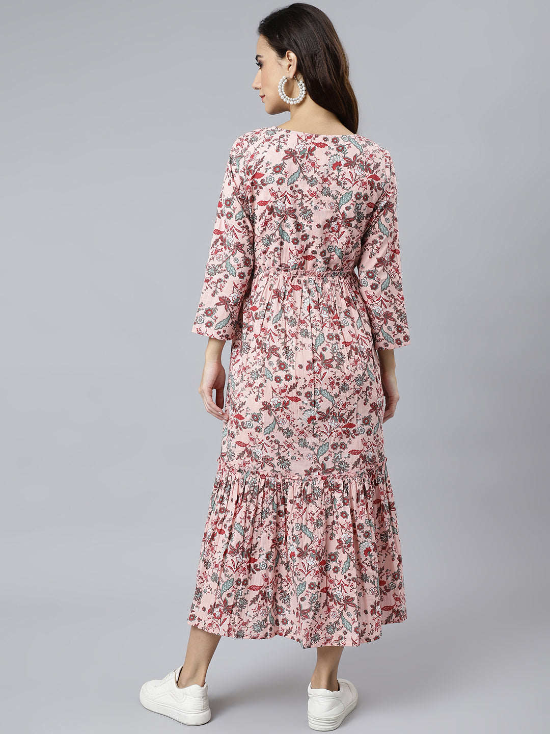 Janasya Women's Peach Cotton Floral Printed Casual Flared kurta 