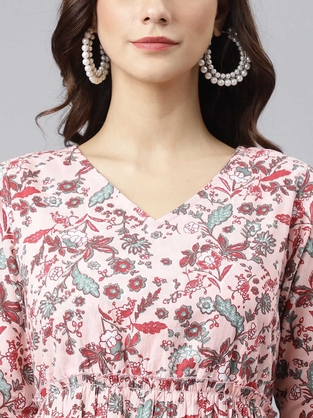 Janasya Women's Peach Cotton Floral Printed Casual Flared kurta 