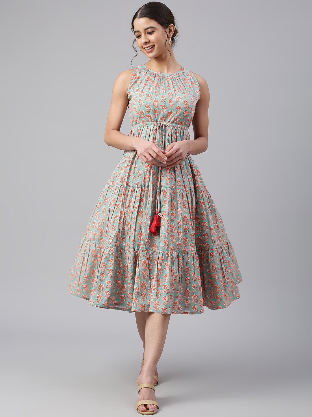 Janasya Women's Mint Green Cotton Floral Printed Tiered Western Dress 