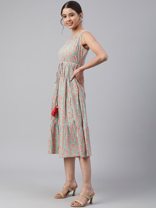 Janasya Women's Mint Green Cotton Floral Printed Tiered Western Dress 