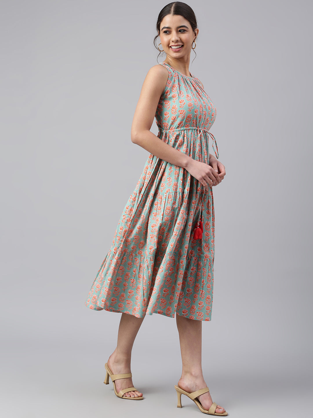 Janasya Women's Mint Green Cotton Floral Printed Tiered Western Dress 