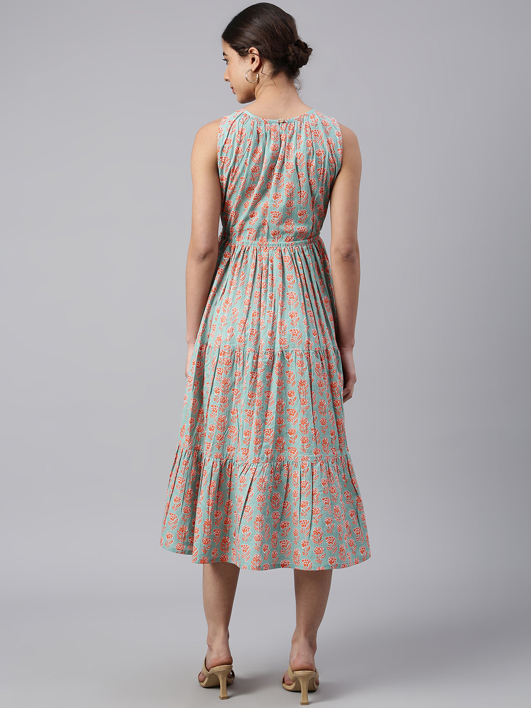Janasya Women's Mint Green Cotton Floral Printed Tiered Western Dress 
