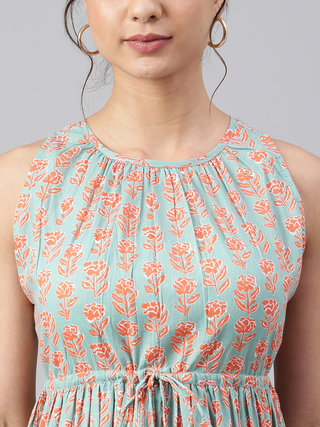 Janasya Women's Mint Green Cotton Floral Printed Tiered Western Dress 