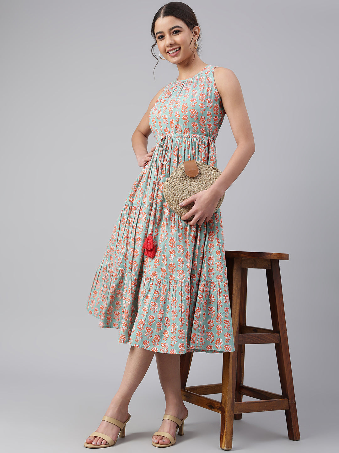 Janasya Women's Mint Green Cotton Floral Printed Tiered Western Dress 