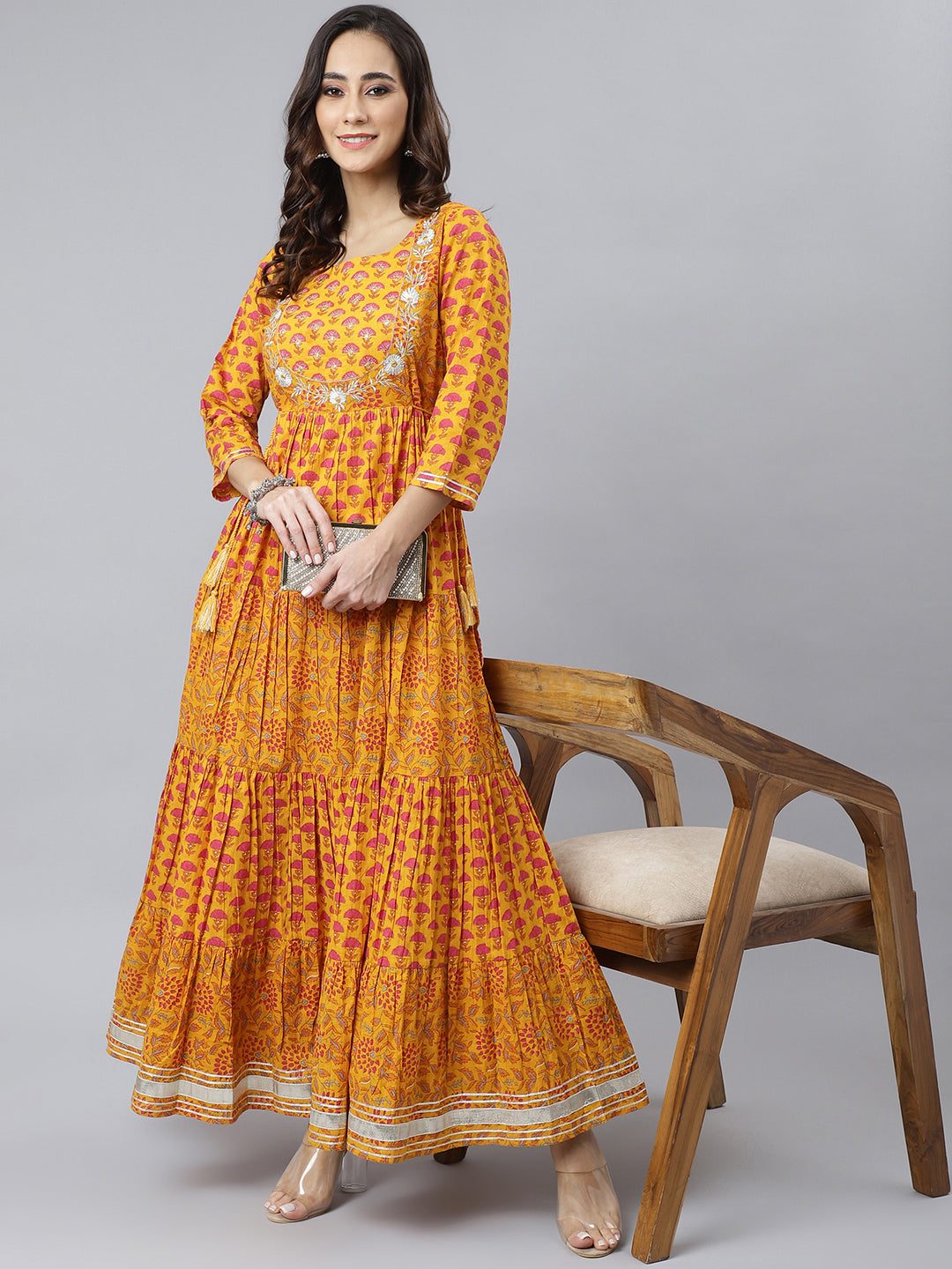 Janasya Women's Mustard Cotton Floral Print Flared Kurta 