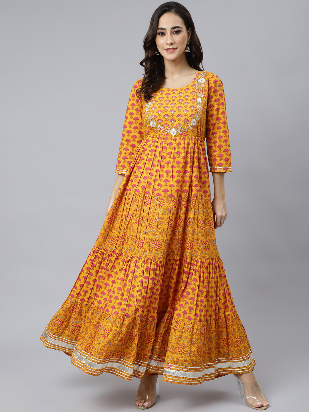 Janasya Women's Mustard Cotton Floral Print Flared Kurta 