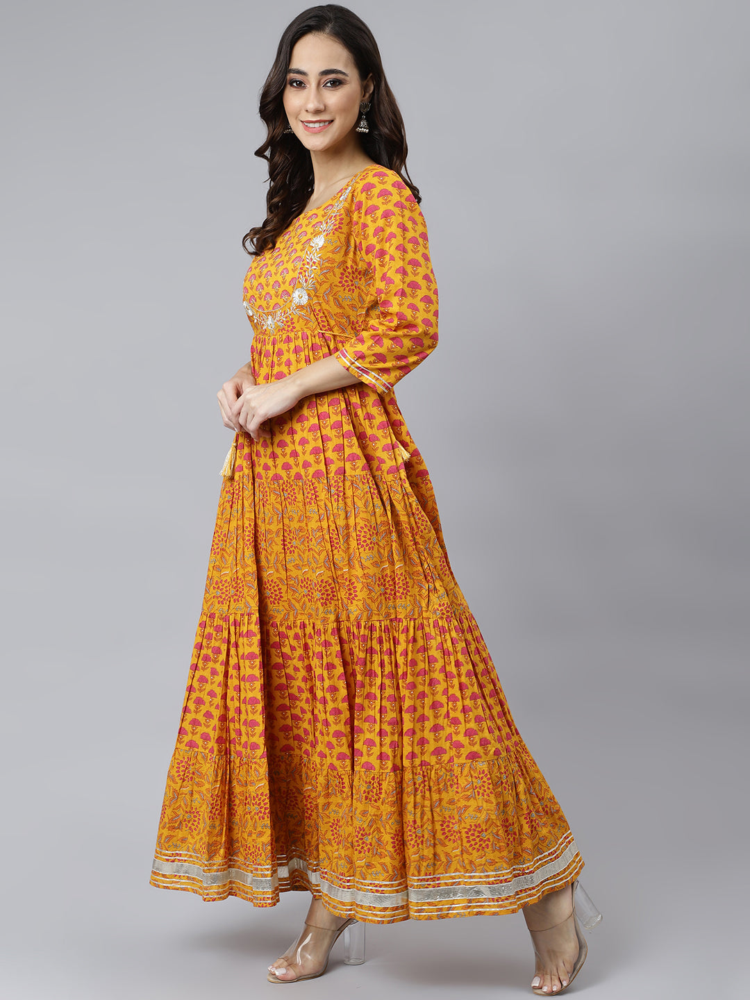 Janasya Women's Mustard Cotton Floral Print Flared Kurta 