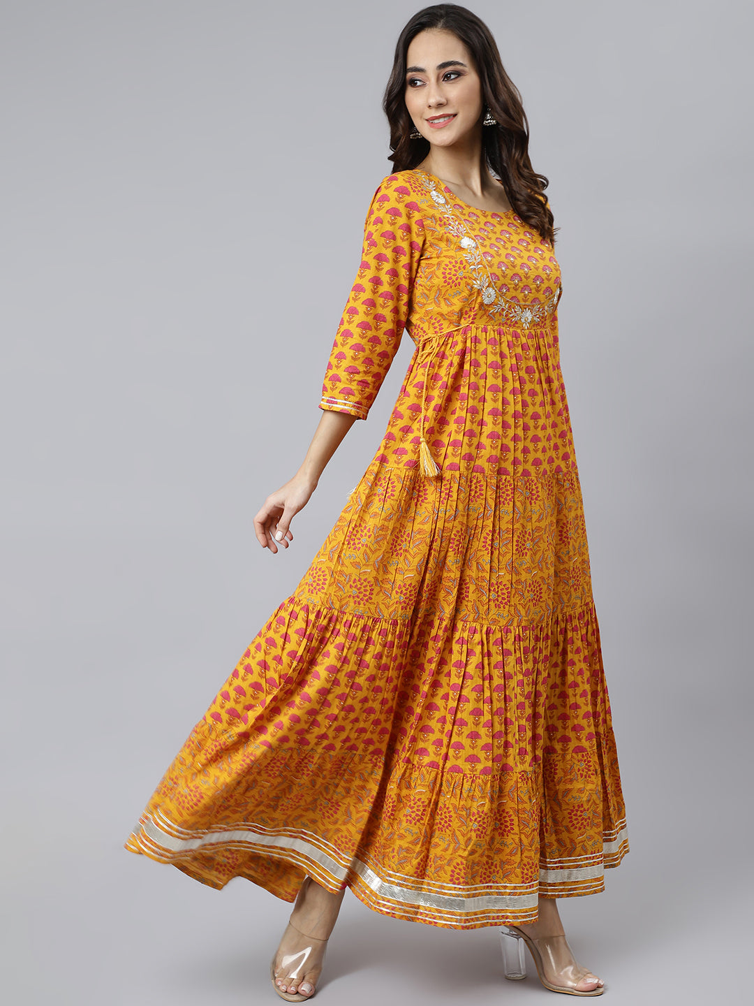 Janasya Women's Mustard Cotton Floral Print Flared Kurta 