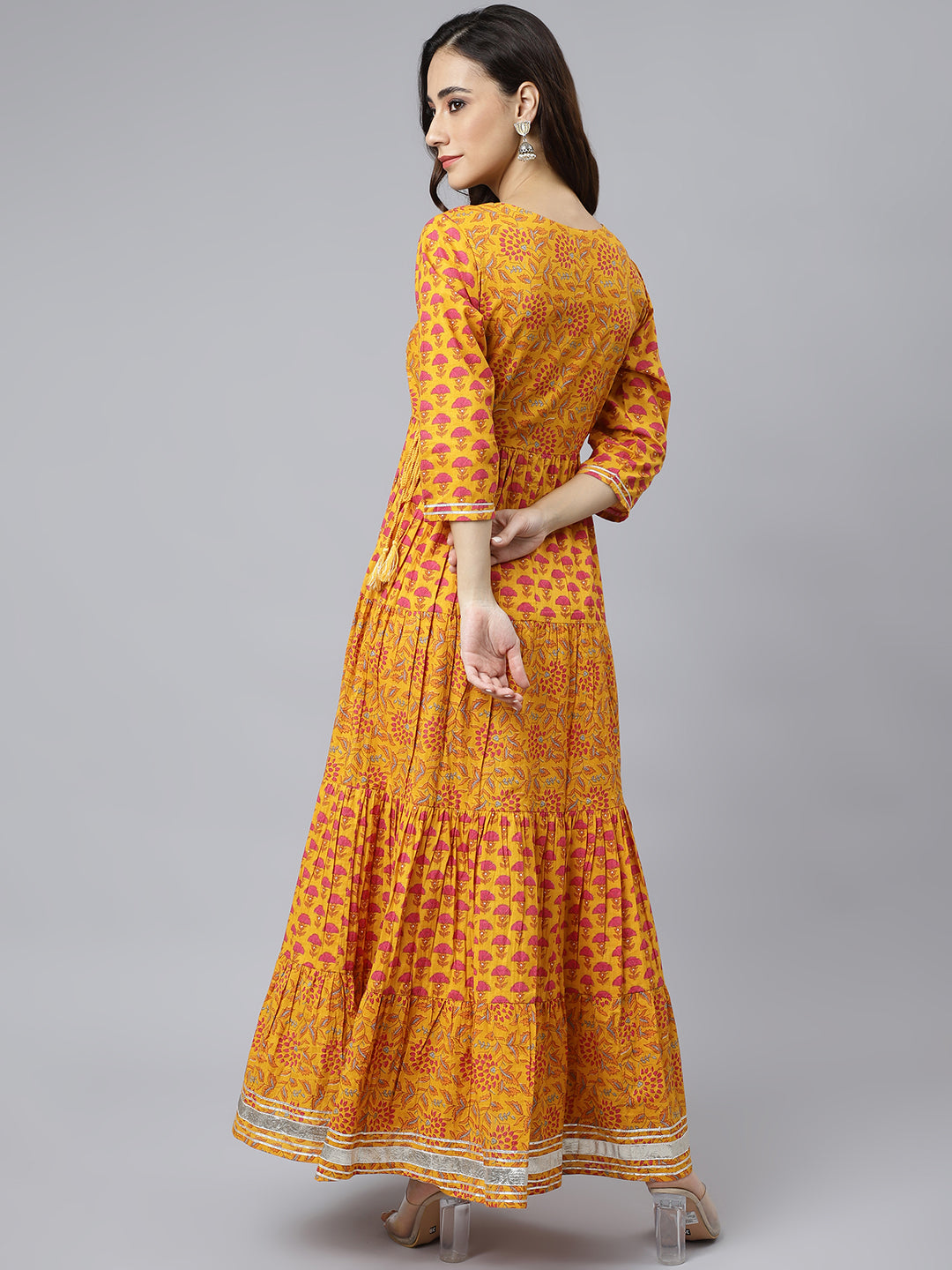 Janasya Women's Mustard Cotton Floral Print Flared Kurta 
