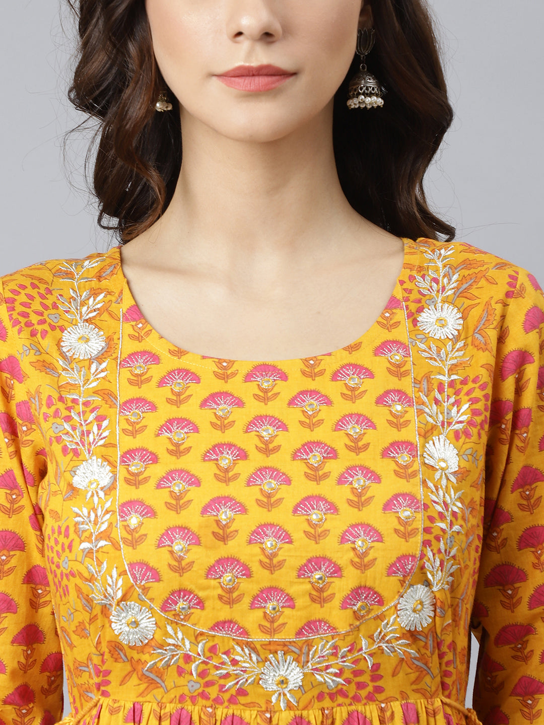 Janasya Women's Mustard Cotton Floral Print Flared Kurta 