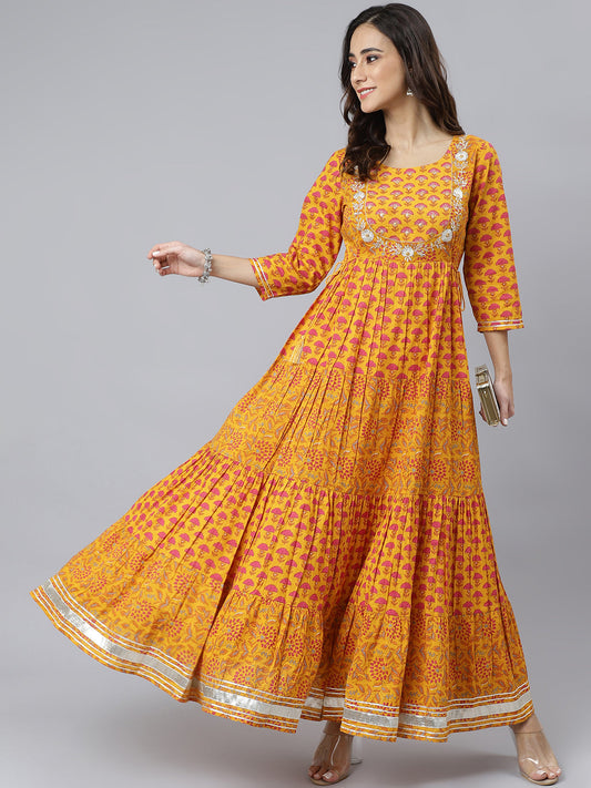 Janasya Women's Mustard Cotton Floral Print Flared Kurta 