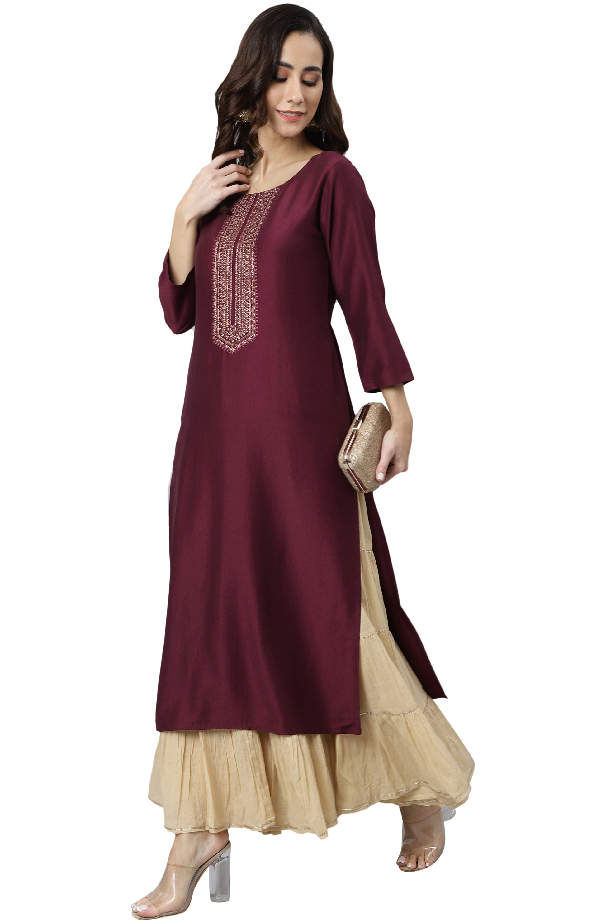 Janasya Wine Poly Silk Solid Straight kurta | Grab2Buy