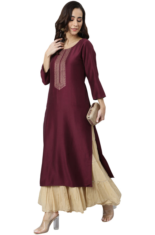 Janasya Wine Poly Silk Solid Straight kurta | Grab2Buy