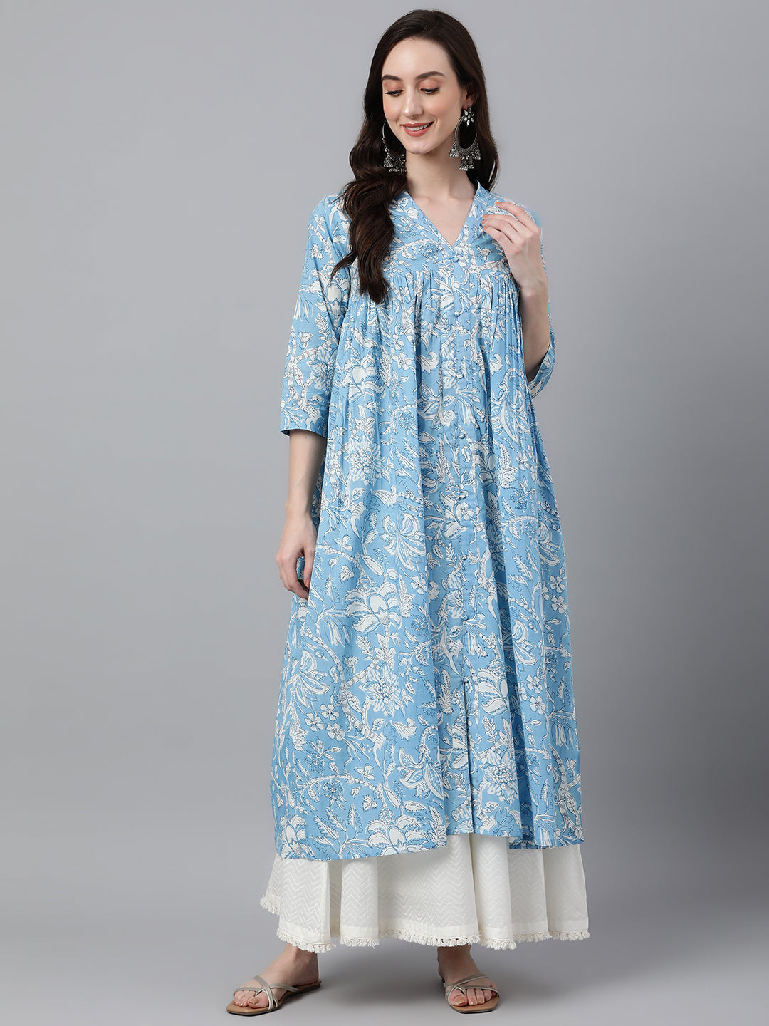 Janasya Women's Sky Blue Cotton Floral Printed Casual Flared Kurta 