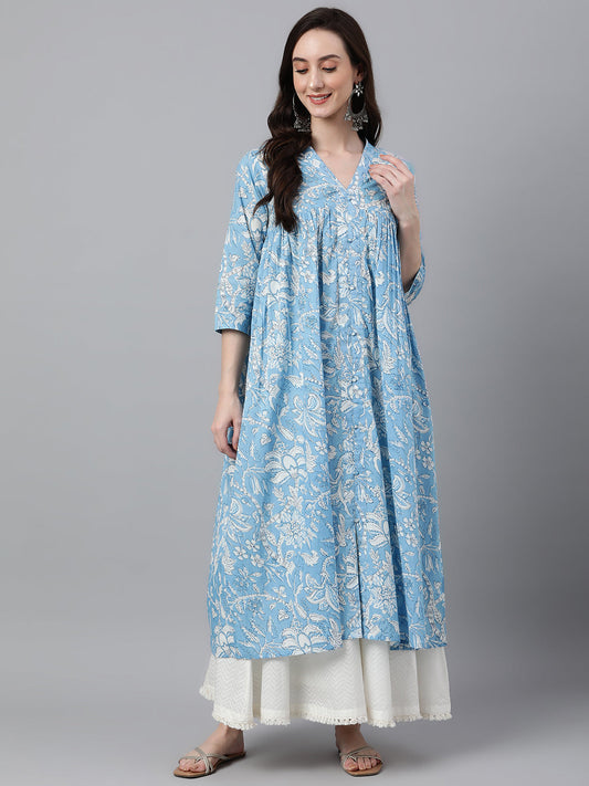 Janasya Women's Sky Blue Cotton Floral Printed Casual Flared Kurta 