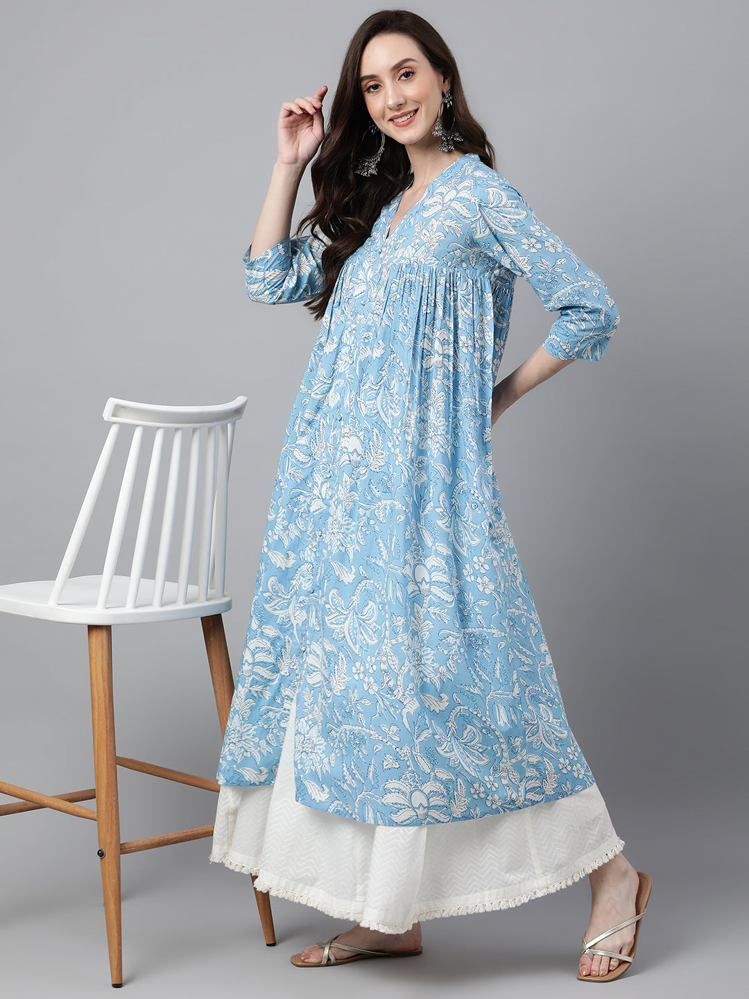 Janasya Women's Sky Blue Cotton Floral Printed Casual Flared Kurta 