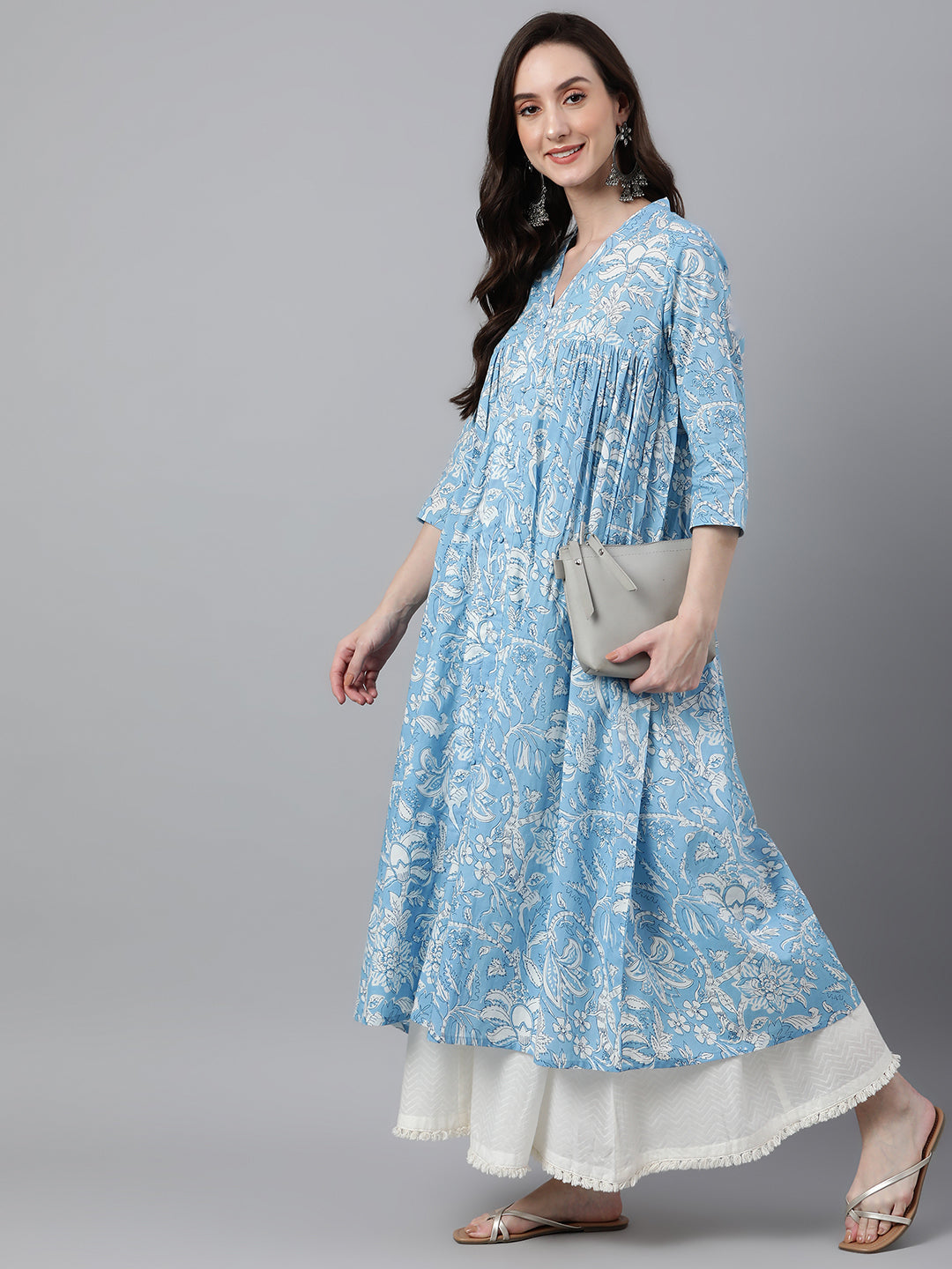 Janasya Women's Sky Blue Cotton Floral Printed Casual Flared Kurta 