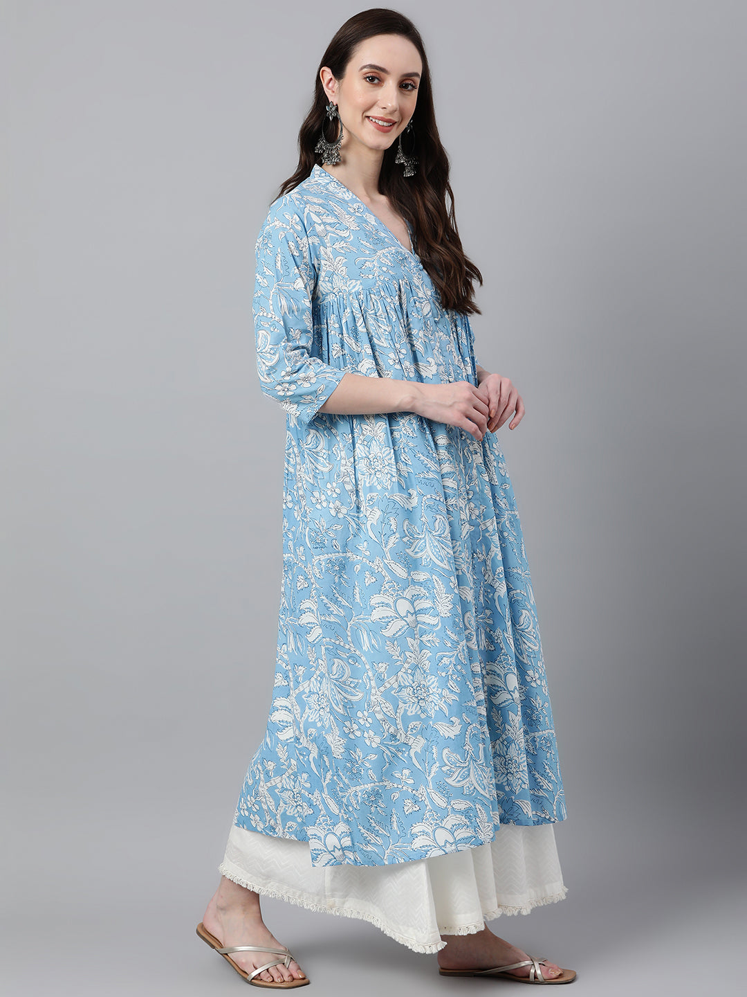 Janasya Women's Sky Blue Cotton Floral Printed Casual Flared Kurta 