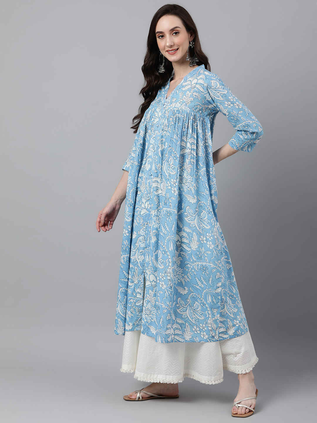 Janasya Women's Sky Blue Cotton Floral Printed Casual Flared Kurta 