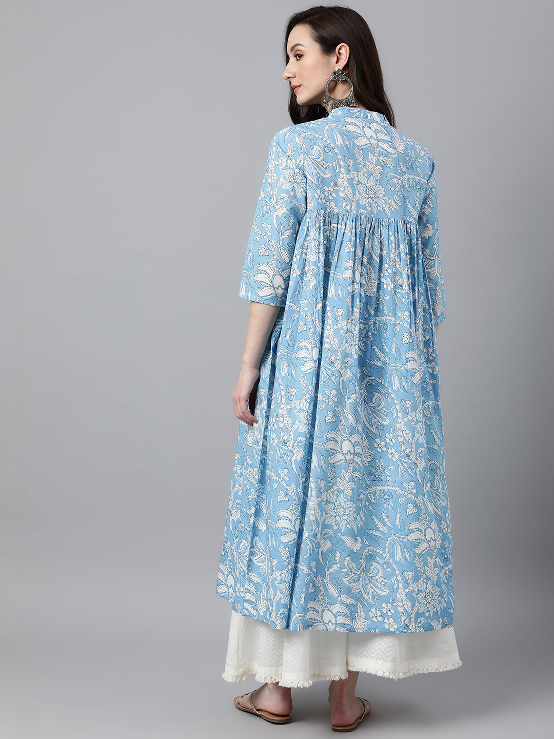 Janasya Women's Sky Blue Cotton Floral Printed Casual Flared Kurta 
