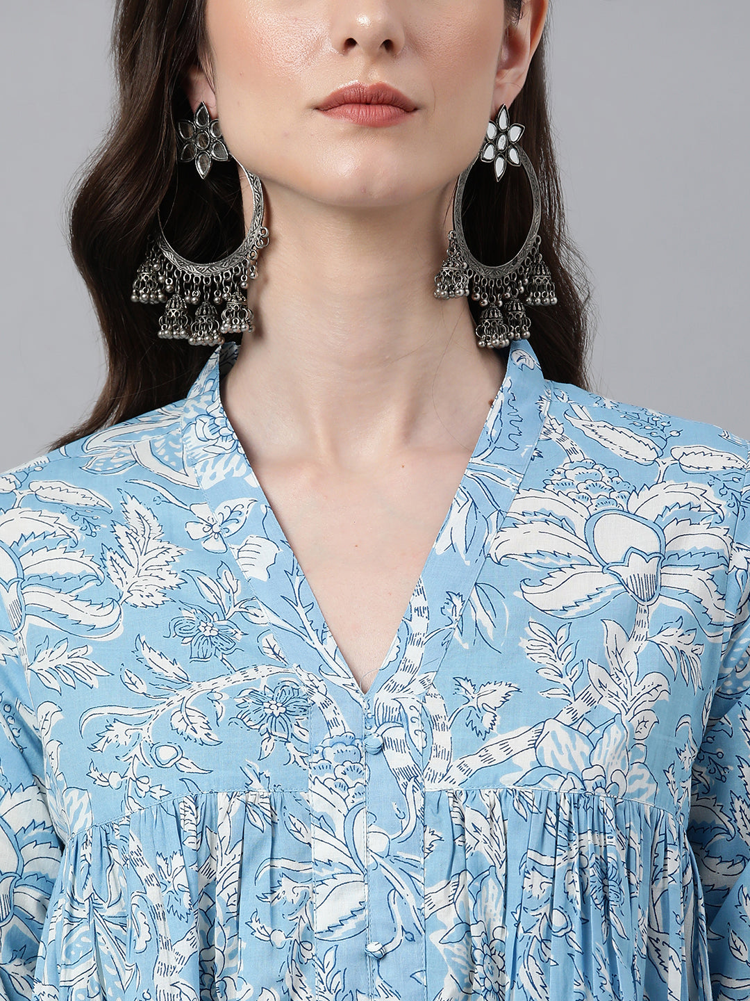 Janasya Women's Sky Blue Cotton Floral Printed Casual Flared Kurta 